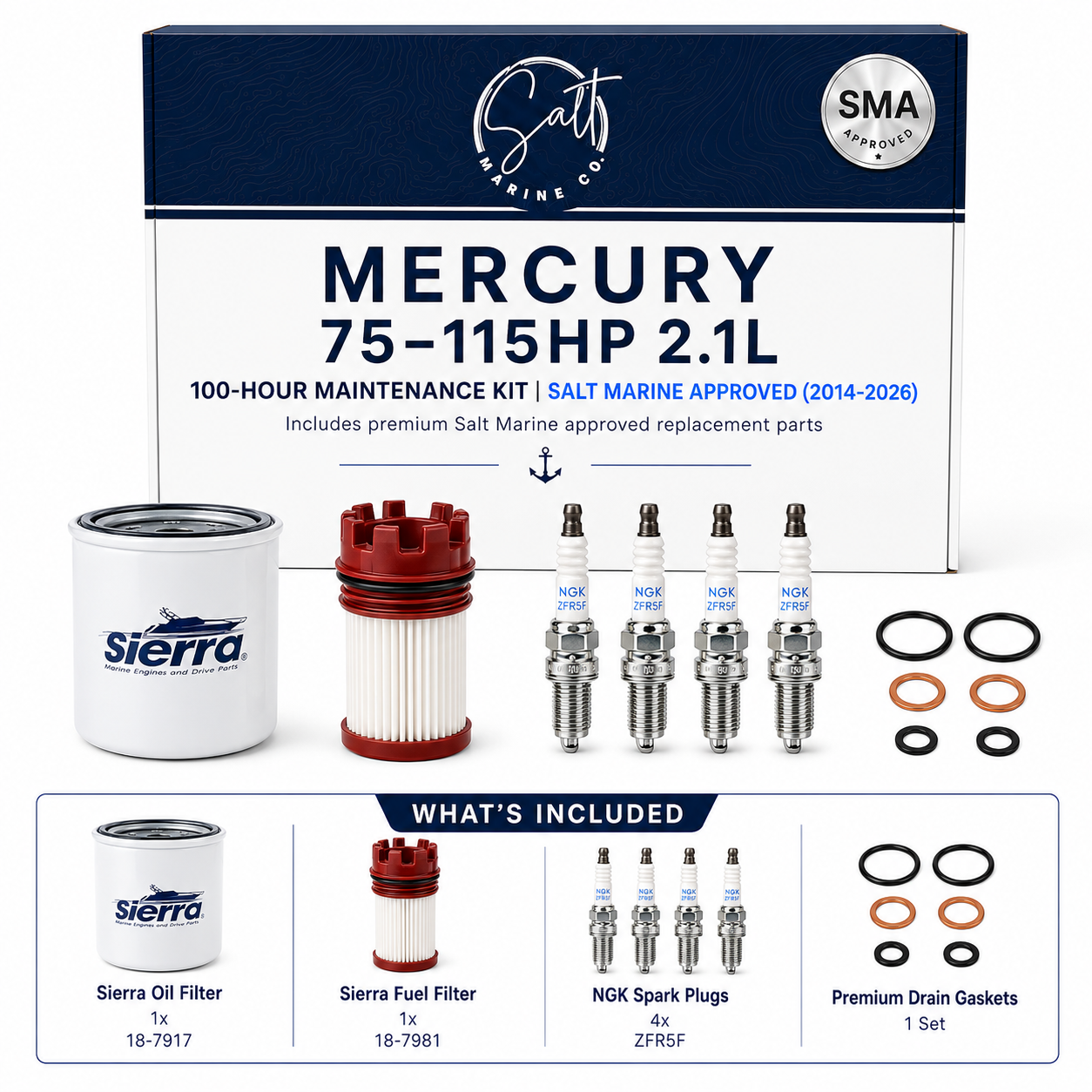 Mercury 75-115HP 2.1L 100-Hour Maintenance Kit | Salt Marine Approved (2014-2026)
